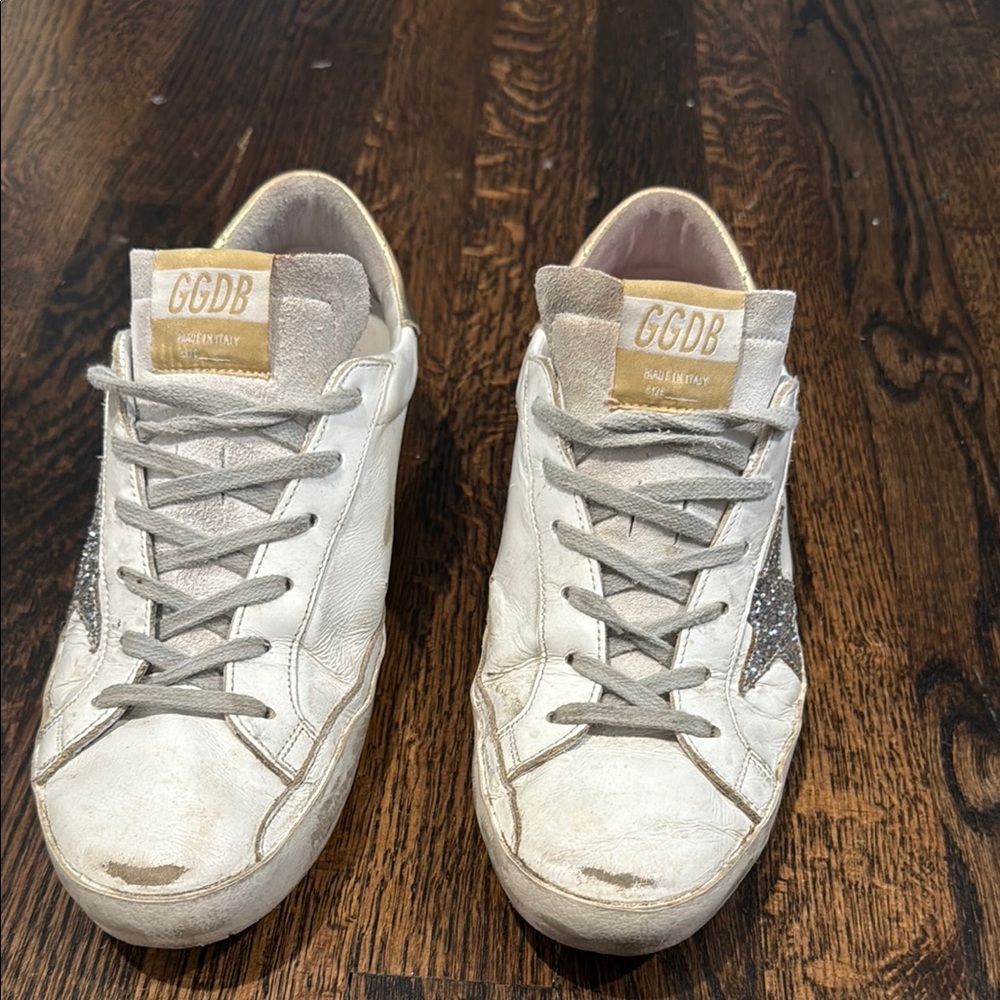 Golden Goose White and Silver Sneakers